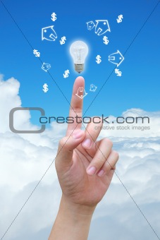 hand holding light bulb and model of a house with dollar symbol on sky