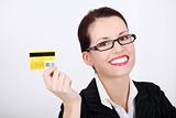 Businesswoman showing credit card.