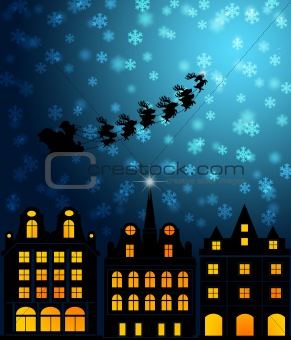 Santa Sleigh Reindeer Flying Over Victorian Houses
