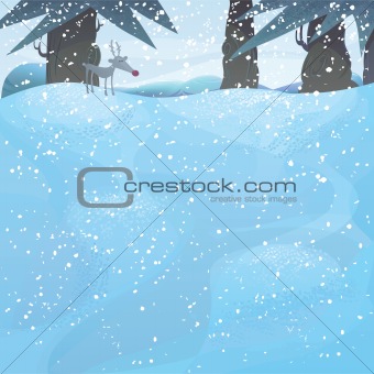 Vector winter landscape with pine trees and Rudolph