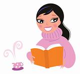 Cute woman in warm pullower drinking coffee while reading book

