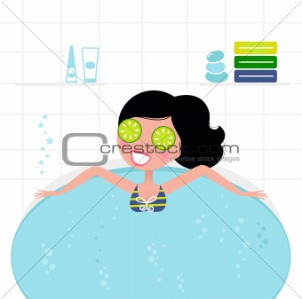 Cute retro woman relaxing in whirlpool foam bath

