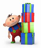 boy behind pile of presents
