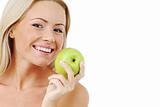 woman eat green apple