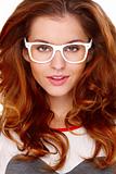 Portraif of young woman wearing glasses on white