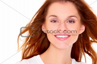 Portrait of cute young woman over white