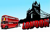 3D word London on Tower bridge and double-decker bus images. Vec