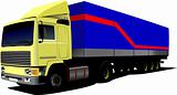 Vector illustration of yellow truck. Lorry with cargo container.