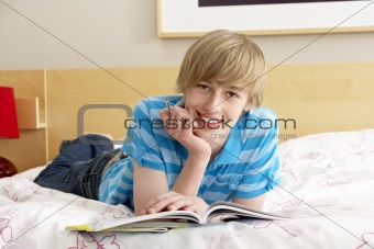 Teenage Boy Writing In Diary In Bedroom