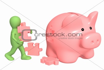 Puppet, piggy bank and puzzles