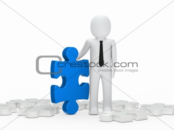 business man hold a puzzle blue