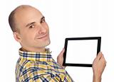man holding a blank tablet computer