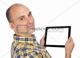 man holding a blank tablet computer