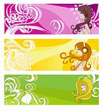Bright banners with floral elements and women