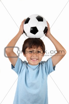 Boy with soccer ball on head