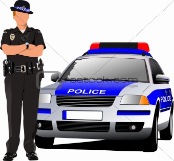 Police woman standing near police car  isolated on white. Vector