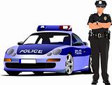 Police woman standing near police car  isolated on white. Vector
