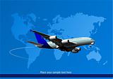 Blue abstract background with passenger plane and world map imag