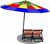 Two beach chairs and colored umbrella on beach