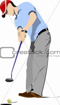 Golfer hitting ball with iron club. Vector illustration