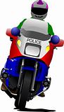Policeman on police motorcycle on the road. Vector illustration