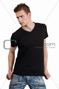 Male posing with blank black shirt