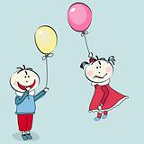 happy little boy and little girl flying with the balloon
