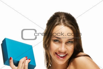 happy young woman holding present box
