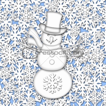 Snowman Over White Snowflakes Background