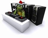 christmas tortoise DJ mixing records on turntables