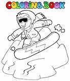 Coloring book boy on snowboard