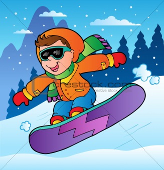 Winter scene with boy on snowboard