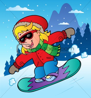 Winter scene with girl on snowboard