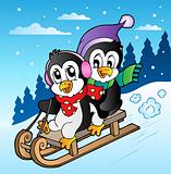 Winter scene with penguins sledging