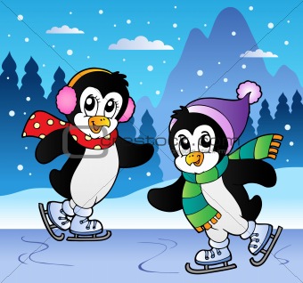 Winter scene with skating penguins