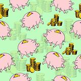 Pig piggy bank, gold coins. 
