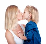 mother and daughter with blond hair kissing - isolated on white