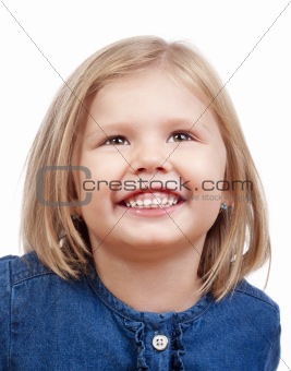 portrait of a happy little girl with blond hair smiling - isolated on white