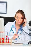 Doctor woman sitting in office and making phone call
