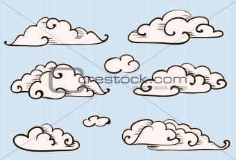 Clouds set, vintage vector stylized drawing 