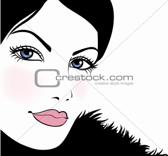 Portrait attractive beautiful girl wearing black fur, vector ill