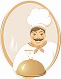 smiling cook with dish in round frame