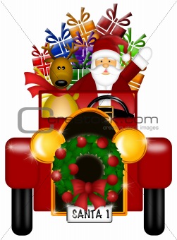 Santa and Reindeer Riding in Vintage Car Isolated