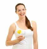 Beautiful woman laughing and holding glass of water