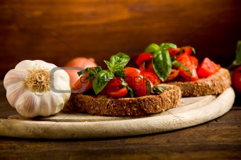 Bruschetta appetizer with fresh tomatoes