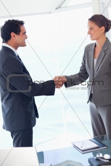 Side view of business partner agreeing on a deal