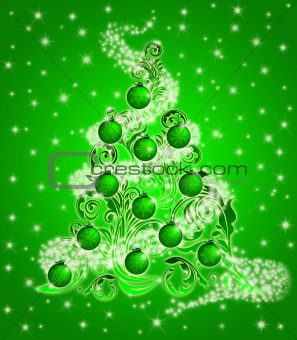 Christmas Tree with Leaf Swirls Sparkles and Ornaments 