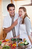 Couple enjoys preparing lunch together