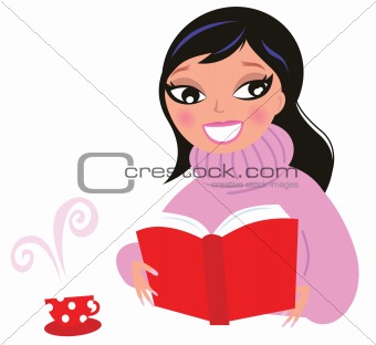 Beautiful Woman reading book from red library isolate on white

