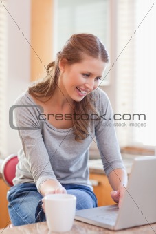 Woman having coffee and surfing the web